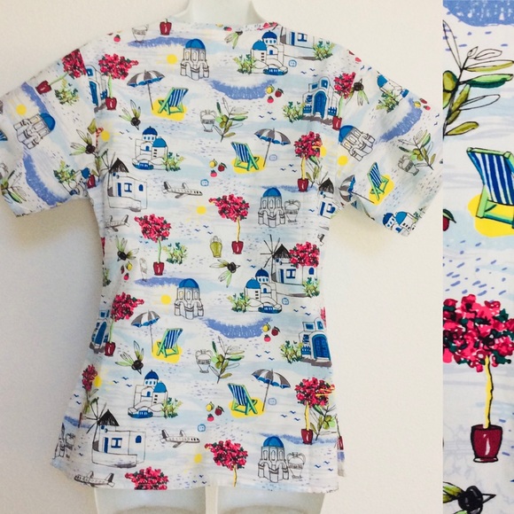 WonderWink SANTORINI Greek Vacation Print SCRUB TOP XS - Picture 10 of 14